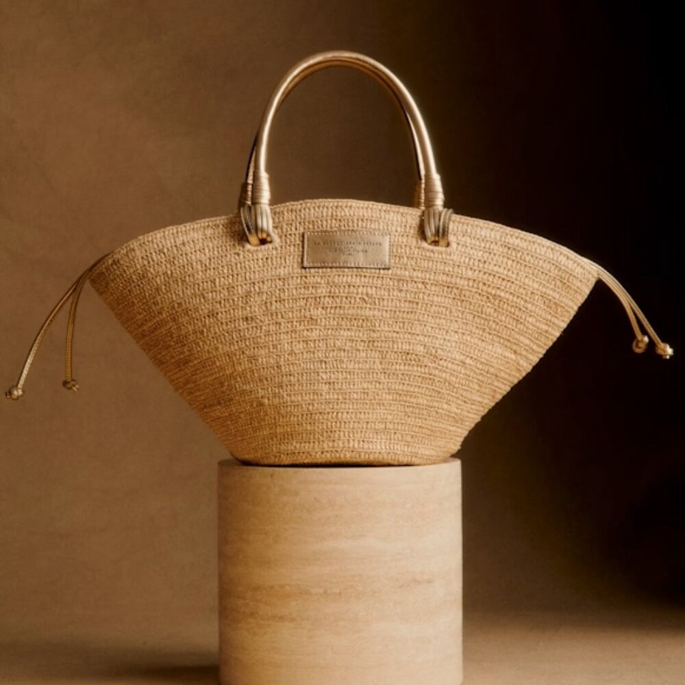 SEZANE - Golden Raffia Basket Bag with Gold Leather handles